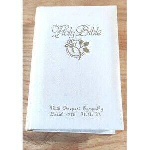 Vintage UAW Local 1776 Holy Bible With Deepest Sympathy White Gold Gilt KJV